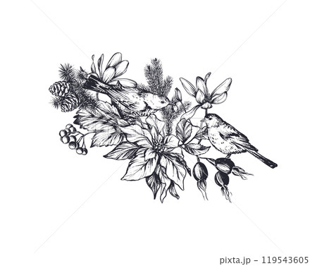 Vector pre-made Christmas card with birds and winter plants in vintage style. 119543605