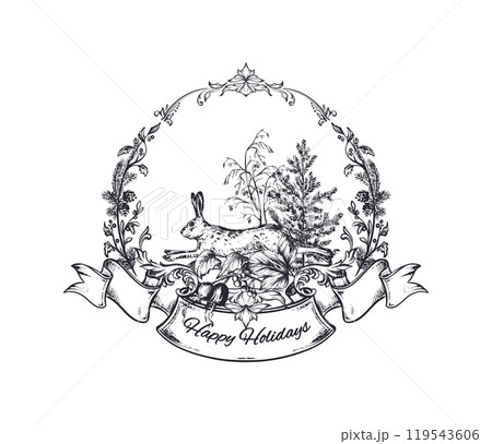 Vector pre-made Christmas greeting card with hare in winter forest in vintage style. 119543606