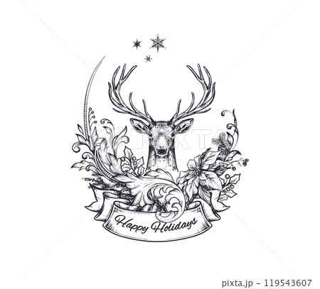 Vector pre-made Christmas greeting card with deer and winter plants, in vintage style. 119543607