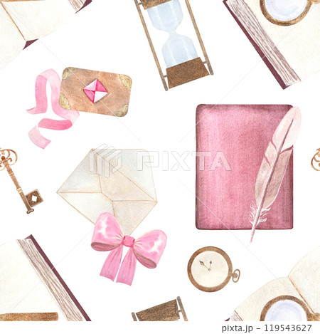 Book, quill, envelop, vintage key, pocket watch, hourglass watercolor antique collection isolated on white. Hand painted design elements perfect for cards, banners, posters, stationary decor. Clipart Book, quill, envelop, vintage key, pocket watch, hourglass watercolor antique collection isolated on white. Hand painted design elements perfect for cards, banners, posters, stationary decor. Clipart 119543627