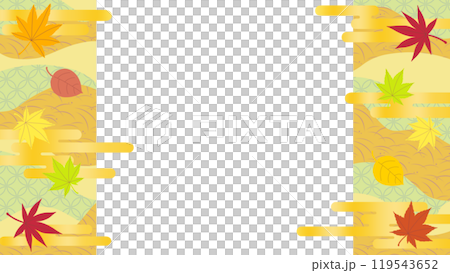Background illustration material featuring autumn leaves and gold clouds on a Japanese pattern background Background illustration material featuring autumn leaves and gold clouds on a Japanese pattern background 119543652