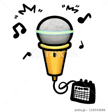 Cartoon microphone with music notes doodle illustration, black outline 119543698