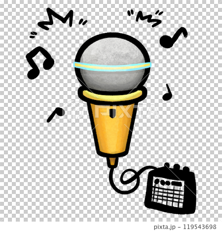 Cartoon microphone with music notes doodle illustration, black outline 119543698