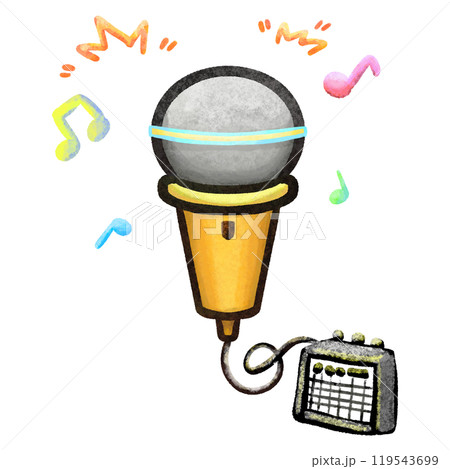 Cartoon microphone with music notes color illustration, audio device isolated Cartoon microphone with music notes color illustration, audio device isolated 119543699
