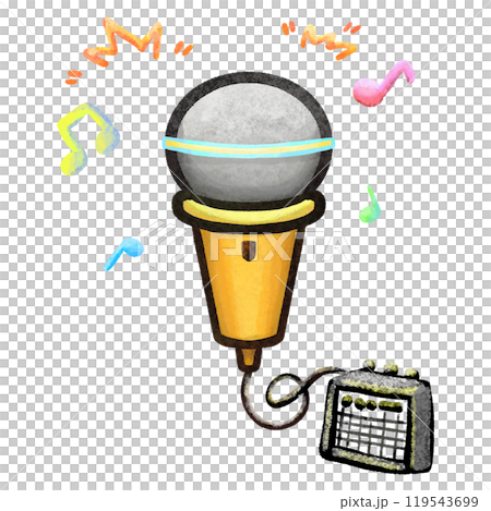 Cartoon microphone with music notes color illustration, audio device isolated Cartoon microphone with music notes color illustration, audio device isolated 119543699