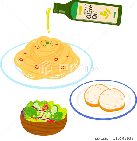 パスタ、サラダ、パンとオリーブオイル 119543935