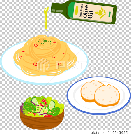 パスタ、サラダ、パンとオリーブオイル 119543935