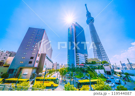 日本の東京都市景観 押上駅や東京スカイツリー、ソラマチなどを望む＝6日 119544087