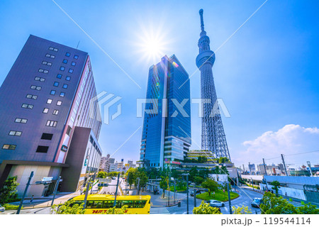 日本の東京都市景観 押上駅や東京スカイツリー、ソラマチなどを望む＝6日 119544114