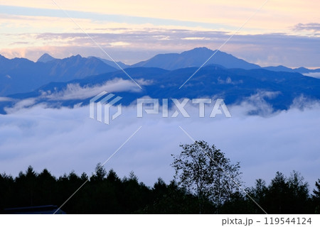 雲海の山並み　木　雲　山並み　空の4層構成　ポイントを右側に 119544124