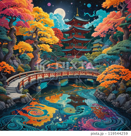 油絵で描かれた日本の紅葉と日本庭園 - 伝統的建築物 119544259