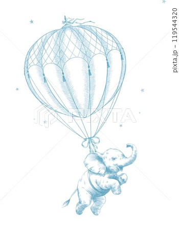Cute baby elephant flying in a hot air balloon hand drawn illustration in toile de jouy retro style. Vintage line art clipart. Boy version. 119544320