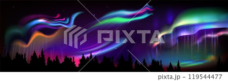 Night landscape with forest and northern lights. Night landscape with forest and northern lights. 119544477