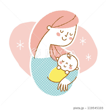 赤ちゃんを抱いて微笑んでいるロングヘアの女性 119545103