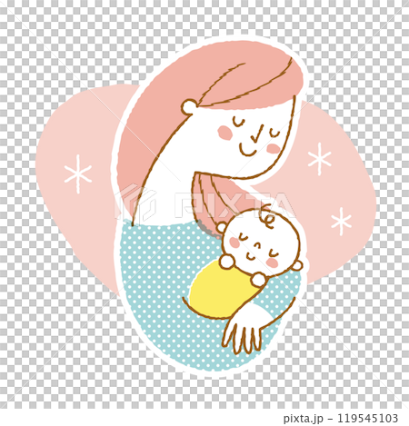 赤ちゃんを抱いて微笑んでいるロングヘアの女性 119545103