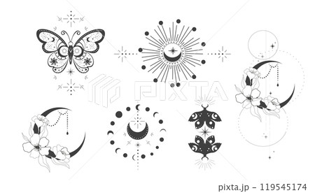 Magic mystic set moth tattoo thin line in doodle style moon and flowers tattoo, Elegant celestial isolated, boho esoteric symbol, Buterfly with stars and moon  119545174