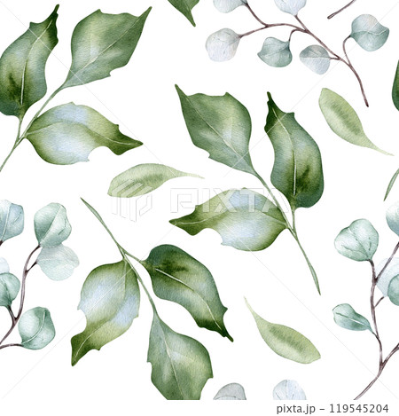 Pale green watercolor seamless pattern with holly leaves isolated. Foliage texture repeated of twigs and branches hand drawn in soft green. Greenery background for design textile, wallpaper, package. Pale green watercolor seamless pattern with holly leaves isolated. Foliage texture repeated of twigs and branches hand drawn in soft green. Greenery background for design textile, wallpaper, package. 119545204