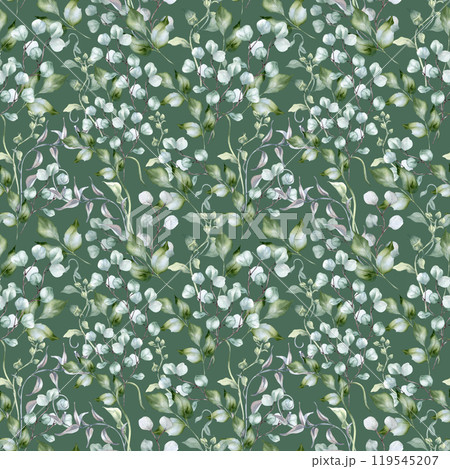 Eucalyptus branches, holly leaves and curly vines in pastel watercolor isolated. Delicate foliage seamless pattern in sage green hand drawn for design textile. wrapping paper. Green flora background. 119545207