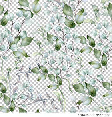 Eucalyptus branches, holly leaves and curly vines in pastel watercolor isolated. Delicate foliage seamless pattern in sage green hand drawn for design textile. wrapping paper. Green flora background. Eucalyptus branches, holly leaves and curly vines in pastel watercolor isolated. Delicate foliage seamless pattern in sage green hand drawn for design textile. wrapping paper. Green flora background. 119545209
