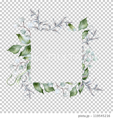 Greenery frame of holly branches delicate watercolor isolated. Foliage border of curly vine and twigs hand drawn in sage green. Bunch leaves for nature design packaging, wedding stationary, card. 119545216