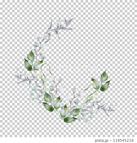 Eucalyptus branches, holly leaves and curly vines in sage green watercolor isolated. Foliage frame in pastel tones hand drawn for design nature product. Delicate green flora wreath for wedding card. 119545218