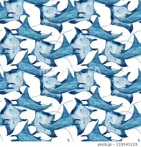 Manta ray busy watercolor seamless pattern isolated on white. High quality hand-drawn monochromatic illustration for notebooks, posters, wallpaper, textile, beach towel, wrapping paper and room decor 119545229
