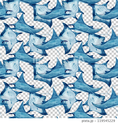 Manta ray busy watercolor seamless pattern isolated on white. High quality hand-drawn monochromatic illustration for notebooks, posters, wallpaper, textile, beach towel, wrapping paper and room decor 119545229