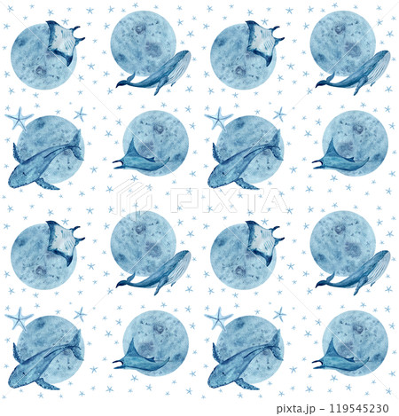 Moon and manta ray, starfish, blue whale seamless pattern isolated on white. High quality hand-drawn blue monochromatic watercolor for textile, wrapping paper, posters, cards, eco, souvenirs design 119545230