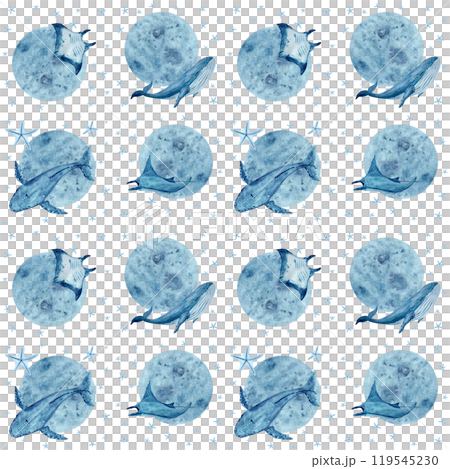 Moon and manta ray, starfish, blue whale seamless pattern isolated on white. High quality hand-drawn blue monochromatic watercolor for textile, wrapping paper, posters, cards, eco, souvenirs design 119545230