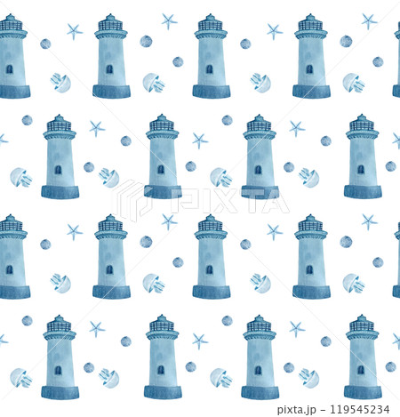 Lighthouse jellyfish seamless pattern in watercolor isolated on white. Hand drawn blue monochromatic illustration for wrapping paper, textile, wallpaper, notebooks, souvenirs, stationary, room decor 119545234