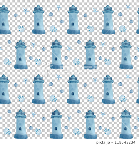 Lighthouse jellyfish seamless pattern in watercolor isolated on white. Hand drawn blue monochromatic illustration for wrapping paper, textile, wallpaper, notebooks, souvenirs, stationary, room decor 119545234