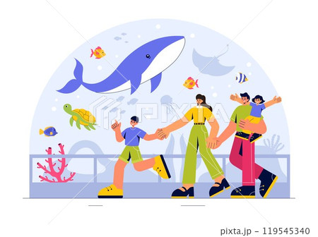 Aquarium Vector Illustration featuring an Underwater Scene with Fish Observation, Sea Animals, and Various Marine Flora and Fauna in a Background 119545340