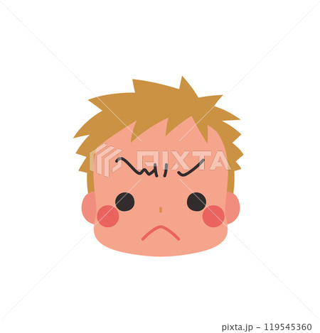 ふくれっ面をする可愛い小さな男の子の絵文字イラスト　アイコン　顔　表情　白背景　ベクター 119545360