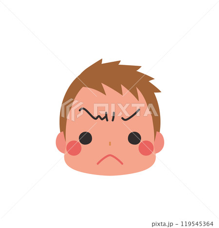 ふくれっ面をする可愛い小さな男の子の絵文字イラスト　アイコン　顔　表情　白背景　ベクター 119545364