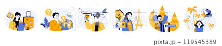 Travel concept set with characters in flat design for web. People with luggage flying in vacation trip, enjoying and sightseeing landmarks, hiking and trekking, rest by sea. Vector illustrations. 119545389