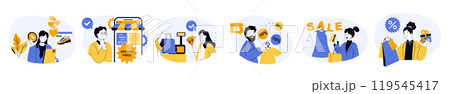 Shopping concept set with characters in flat design for web. People choosing new products at internet stores, making purchases in app with special prices, buying with discounts. Vector illustrations. 119545417