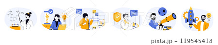 Science laboratory concept set with characters in flat design for web. People researching molecular structures, doing chemical tests at lab, studying astronomy in observatory. Vector illustrations. 119545418