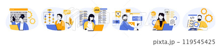 Programming concept set with characters in flat design for web. People working different computer languages, creating programs at screens, fixing and settings products code. Vector illustrations. 119545425