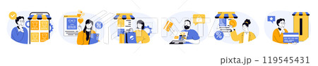 Mobile commerce concept set with characters in flat design for web. People making online order in internet store, doing purchases with discount prices and safe paying in app. Vector illustrations. 119545431