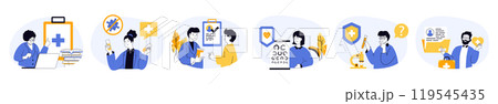 Medical concept set with characters in flat design for web. People makes diagnosis, prescribes treatments and and prevention procedures, visiting ophthalmologist in clinic. Vector illustrations. 119545435
