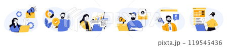 Marketing and development concept set with characters in flat design for web. People with megaphone making data analysis, creating promotion with content plan and advertising. Vector illustrations. 119545436