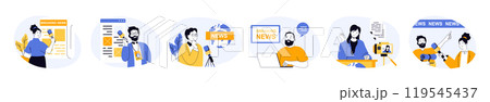 Journalism concept set with characters in flat design for web. People make articles publications, recording breaking news program in tv studio, talking at press conference. Vector illustrations. 119545437