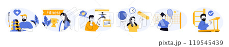 Fitness concept set with characters in flat design for web. People exercising with dumbbells in gym, playing tennis, running at treadmill, planning diet, prepare to championship. Vector illustrations. 119545439