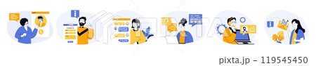 Contact us concept set with characters in flat design for web. People working in client support service, answering in online chat and calls, helping and supporting customers. Vector illustrations. 119545450