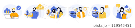 Cloud computing concept set with characters in flat design for web. People downloading digital files for backup in protective storage, sharing content, using online sync service. Vector illustrations. 119545451