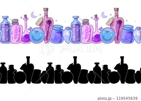 Set of seamless borders with colorful and black silhouette magic potions isolated from background. Collection of horizontal frames with poisons 119545639