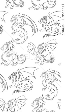 Vector seamless pattern with contour dragons. Texture of black outline dragon with wings on white background. Background with mythological monsters 119545641