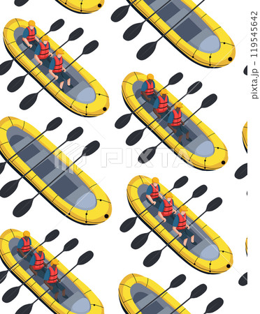 Vector seamless pattern with rafting top view white background. Texture with active sport leisure on inflatable boats in flat style. 119545642