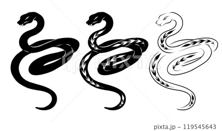 Vector monochrome tangled snake set. Collection of black outline and silhouette snakes with plant decoration isolated from background. 119545643
