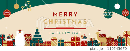 雪だるま、オーナメント、プレゼントボックスで飾られたクリスマスのバナー背景テンプレート(緑) 雪だるま、オーナメント、プレゼントボックスで飾られたクリスマスのバナー背景テンプレート(緑) 119545670